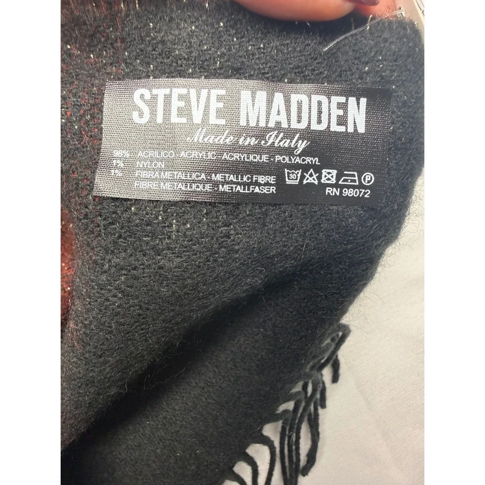Steve Madden Made in Italy Red Navy Green Metallic Shimmer Striped Fringed Scarf
